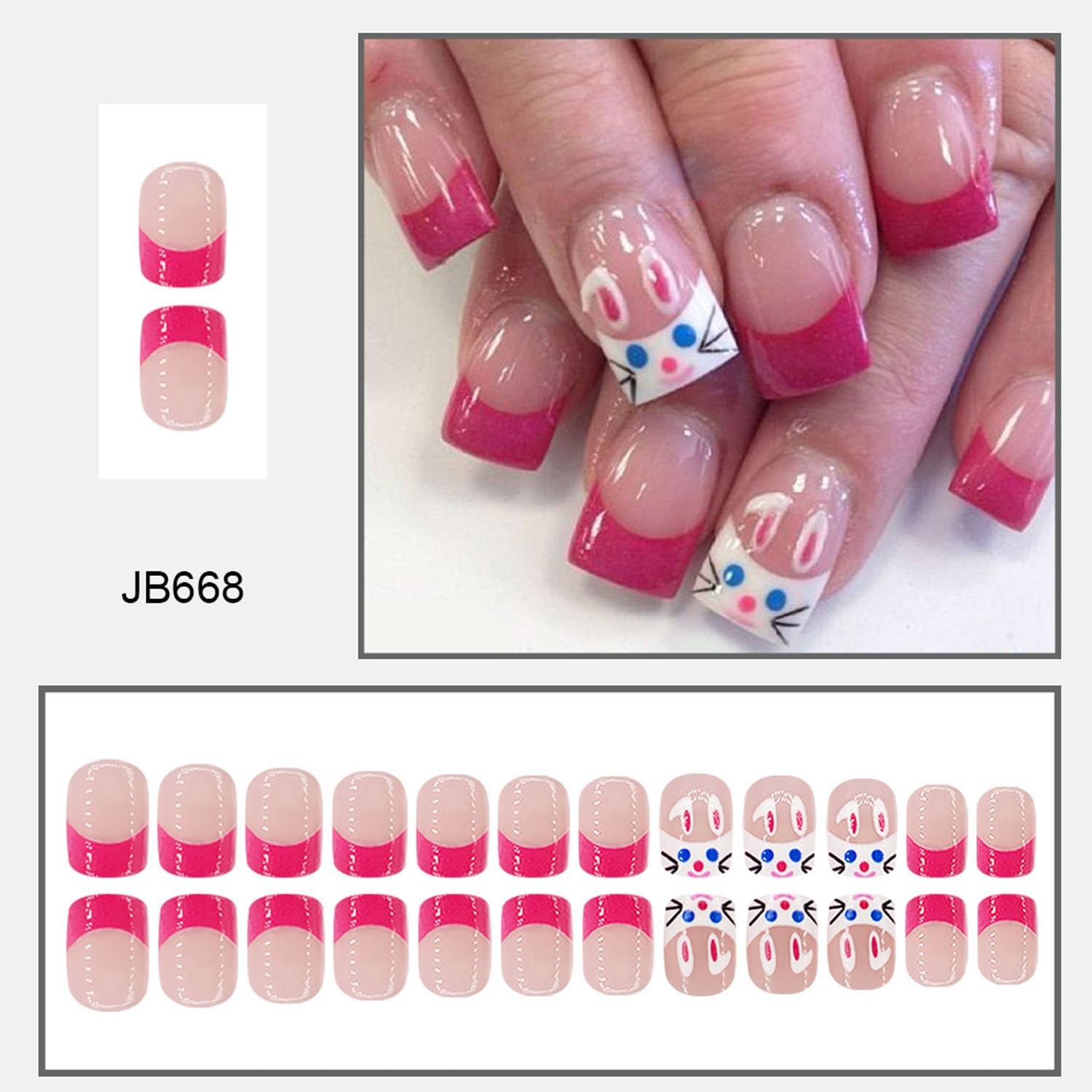 Easter Press on Nails Short Pink French Fake Nails Cute Rabbit Design Square …