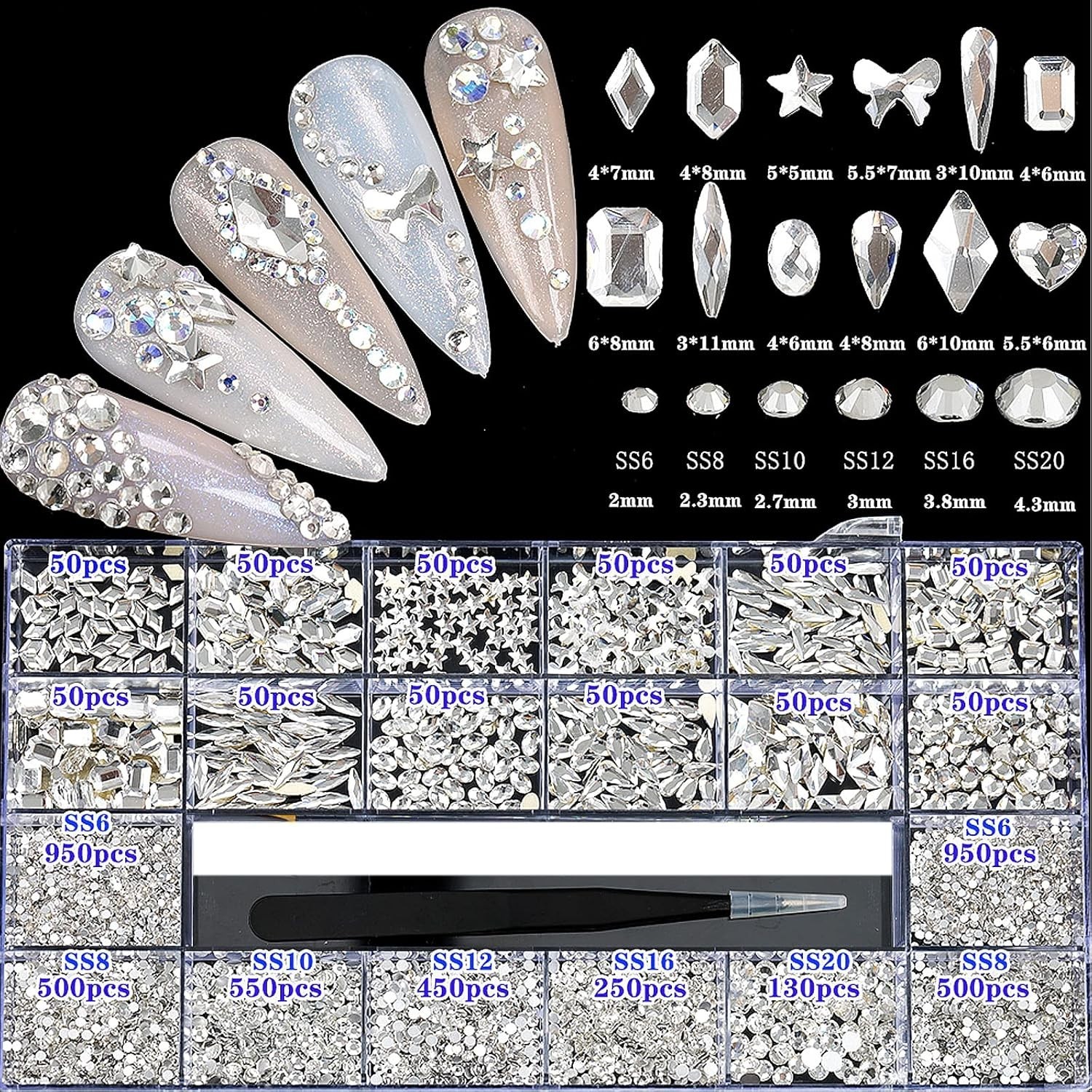 Multi-Shaped White Rhinestones for Nail Art, Jewelry and Craft Projects