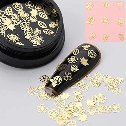 Gold Metal Nail Studs – 3D Glitter Flakes Decorations Set, Flowers Leaf