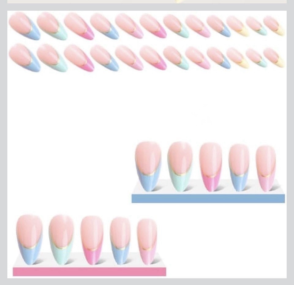 24 Press-On Nail Kit | French Tips In Pink, Yellow, Blue, Orange & Gold | New