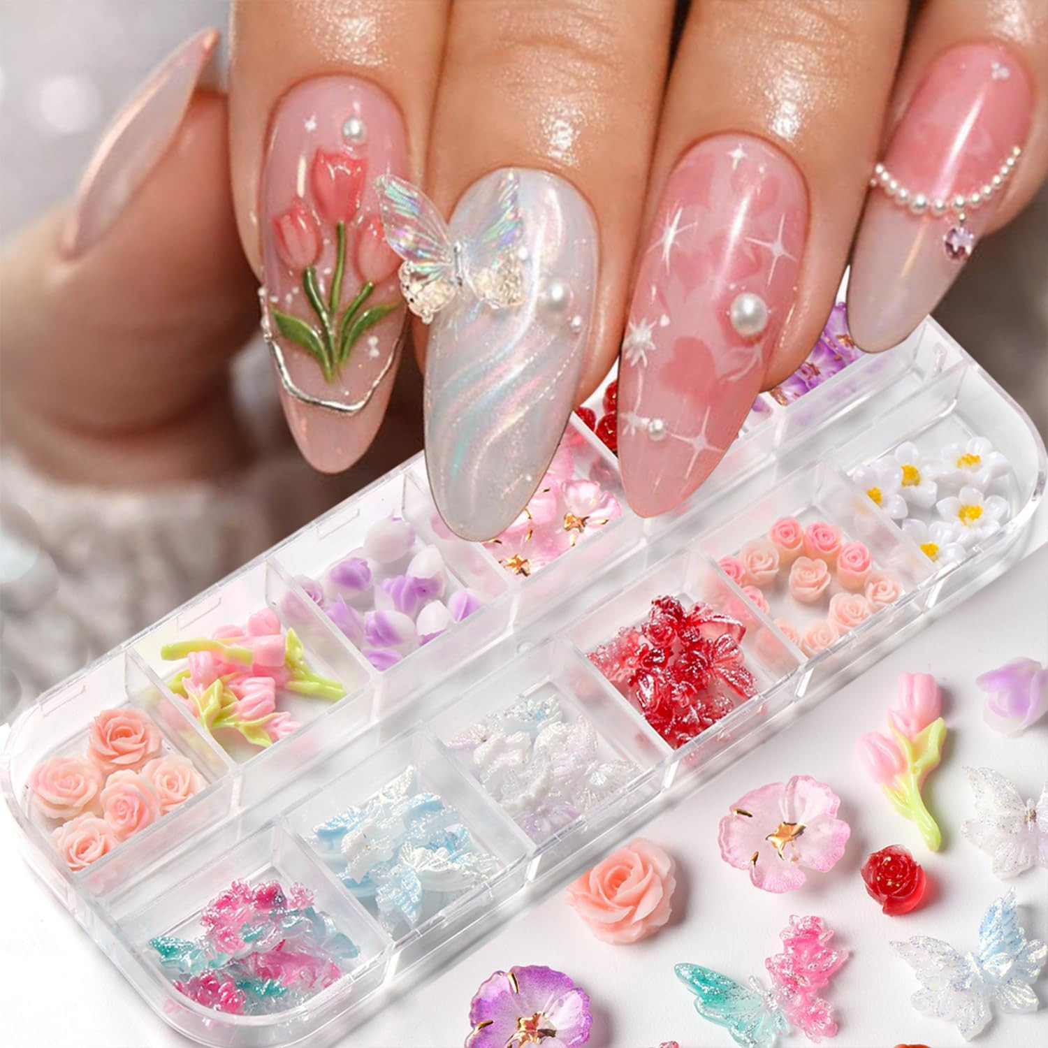 12 Grids Flowers Nail Charms Rose Tulip Floral Butterfly Designs | 3D Resin Mult