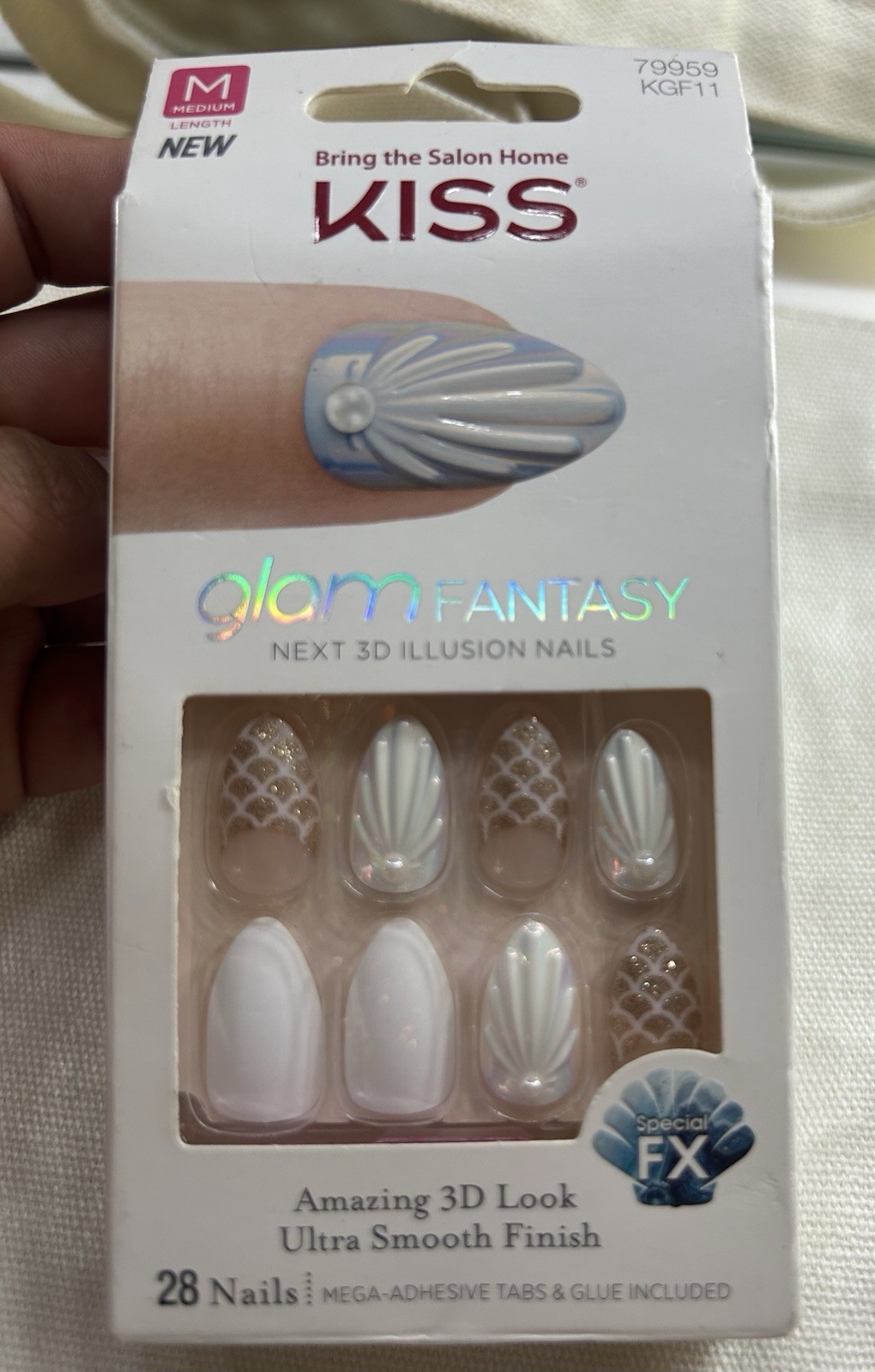Kiss Glam Fantasy Press-On Nails Medium Almond White Nude Gold 3D Glue Included