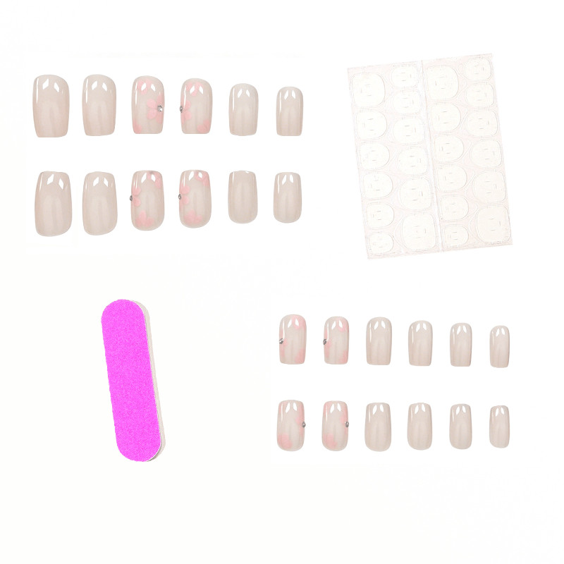 48p Short Square Press on Nails, Milky White French Pink Floral Cute Daily Nails