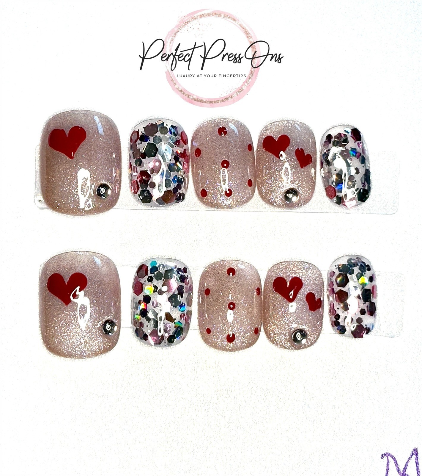 Kawaii Valentine Heart Press On Nails Medium Pink Shimmer Glitter Mosaic 10pc