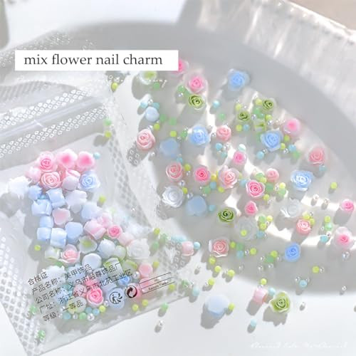 3D Flower Nail Charms, 80pcs Mixed Pearl Flower Nail Art Rhinestones Blue Pink