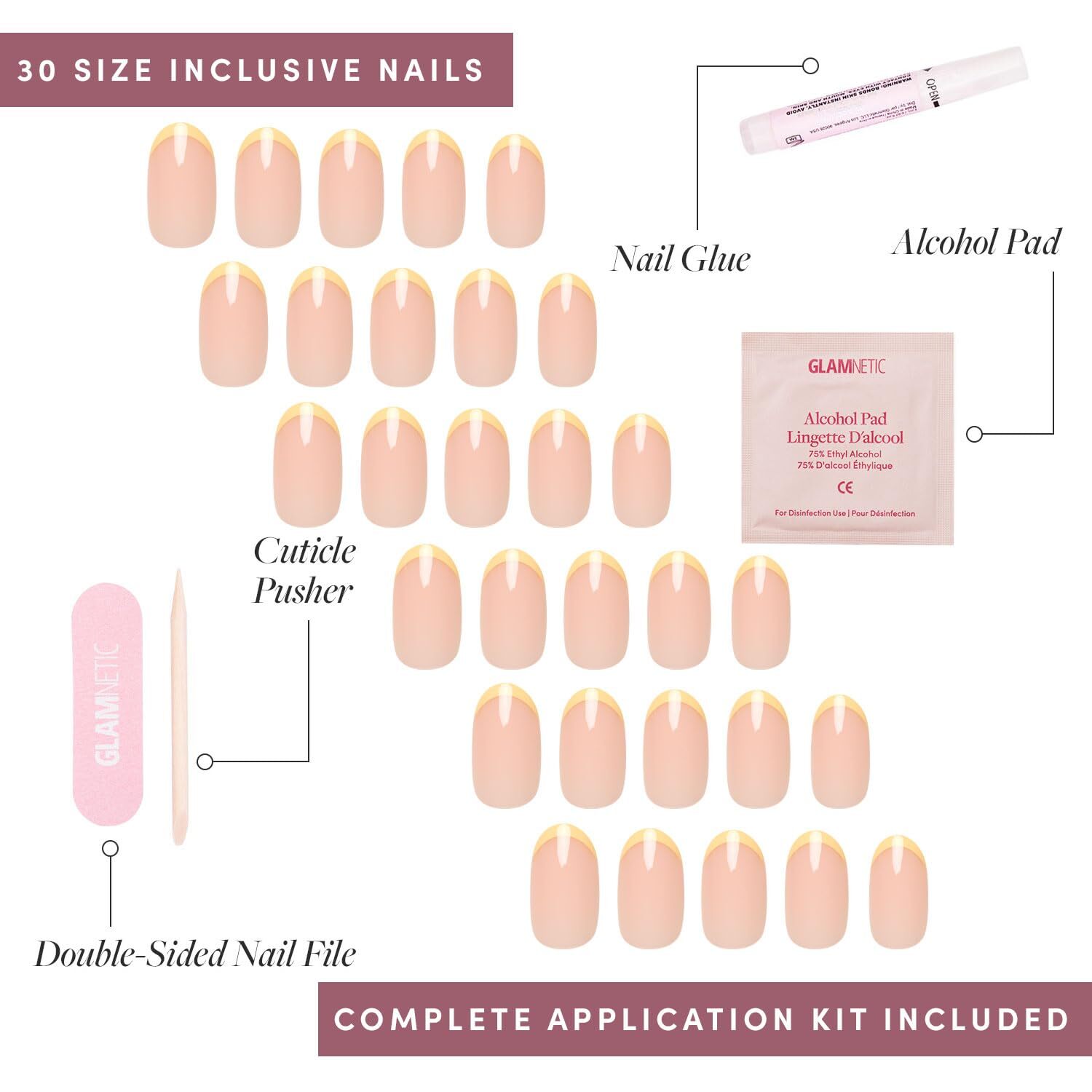 Press On Nails French Butter Short Round Yellow French Tips Glossy Finish 30 Kit