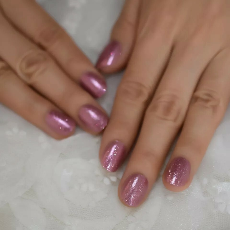 Pink Glitter Press on Nails with glue short rose gold sparkle