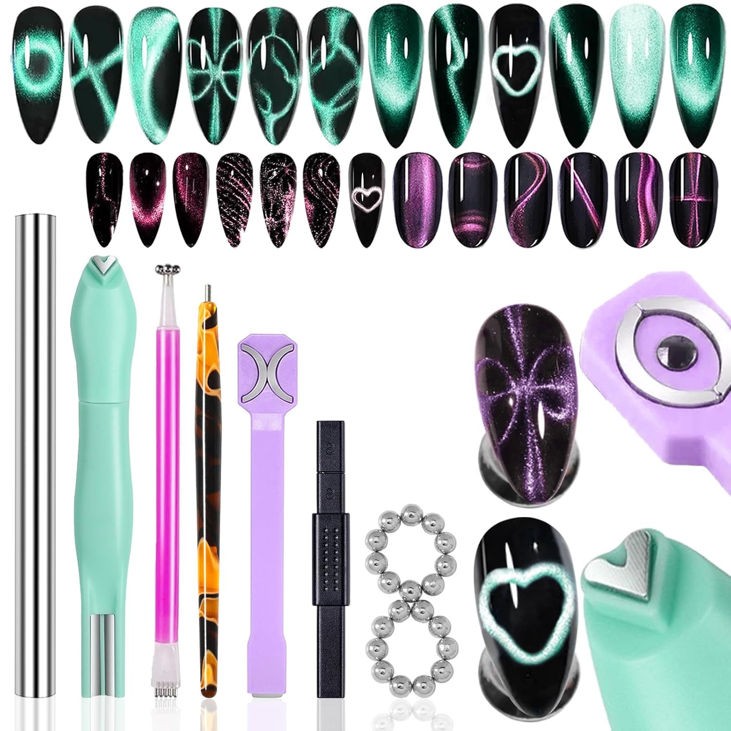 26 Pieces Cat Eye Magnet for Nails 3-In-1 Nail Heart Magnets Cylindrical Strong