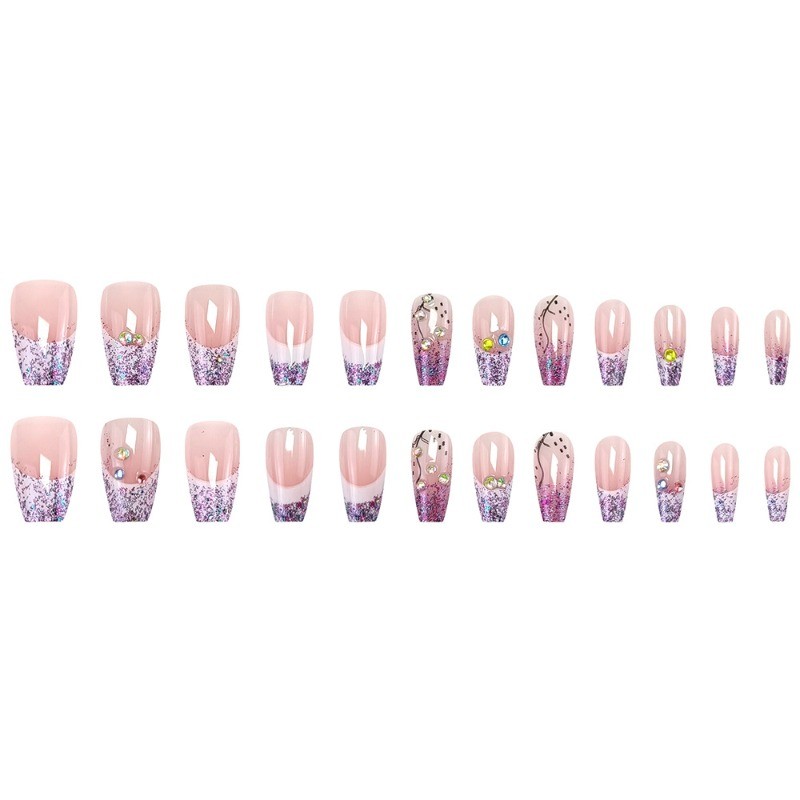 48pcs-Glitter Ombre Press On Nail, Nude Pink French Tip with Sparkle Rhinestones