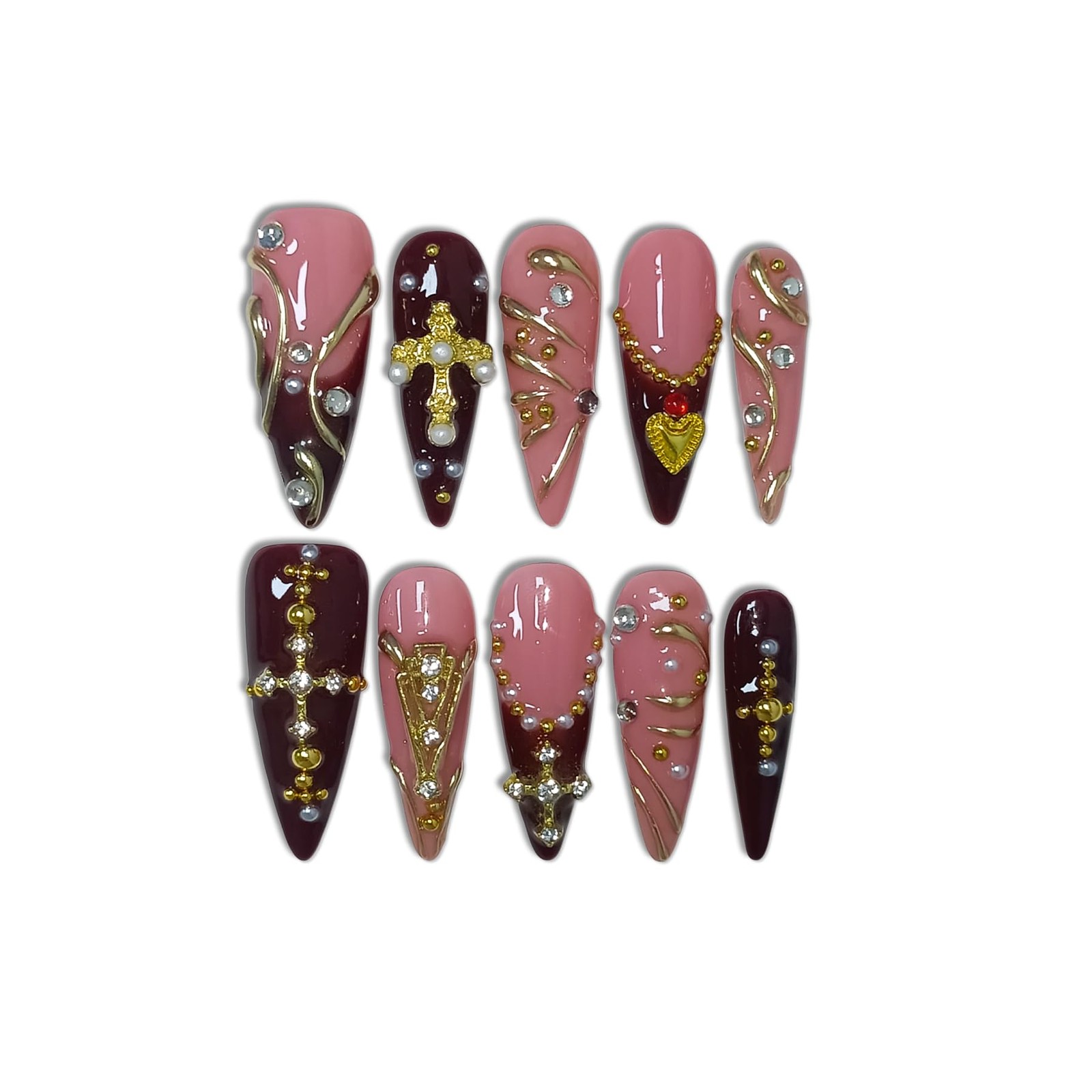 Long Stiletto Press on Nails Wine Red Cross Wave 3D(S)