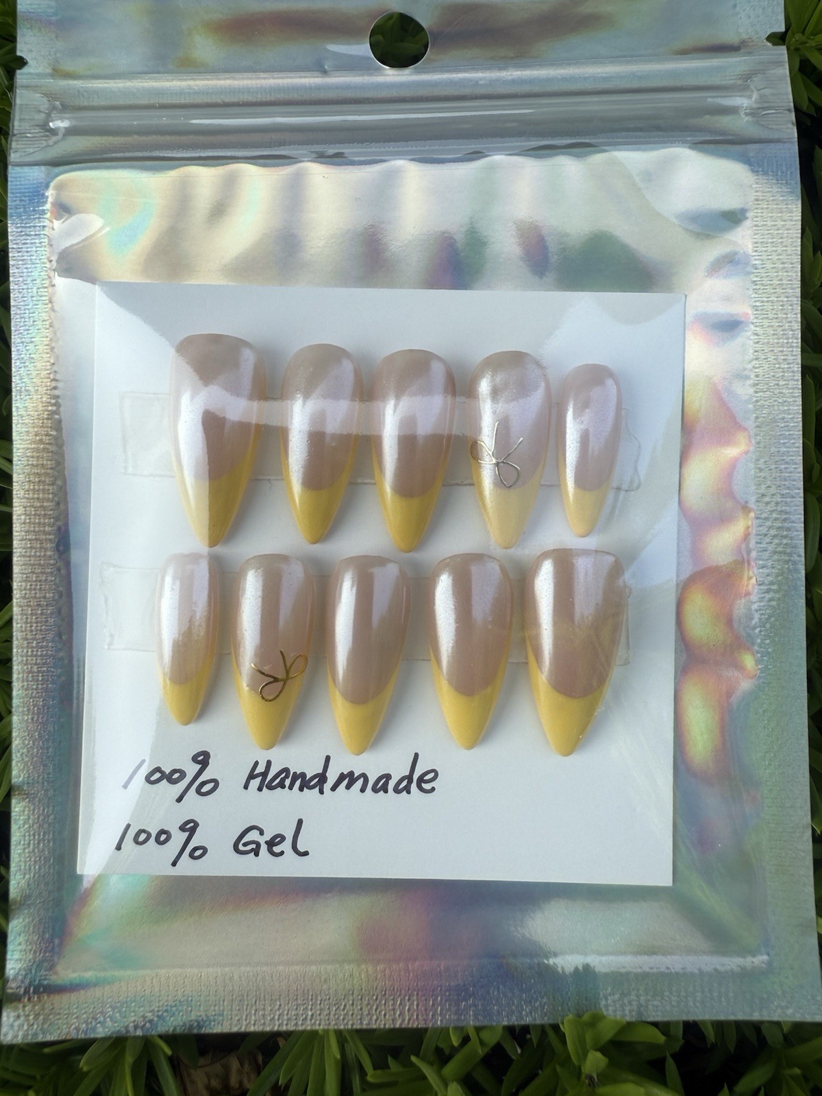 Handmade 10ps gel Press on Nails,Yellow French tip w chrome size Medium