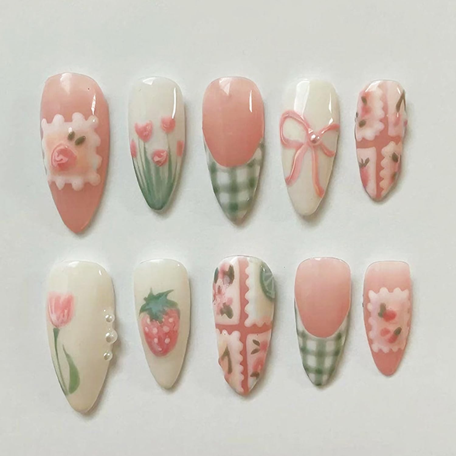 30Pcs Spring Press on Nails Medium Almond Fake Nails with Cute Flower Strawbe…