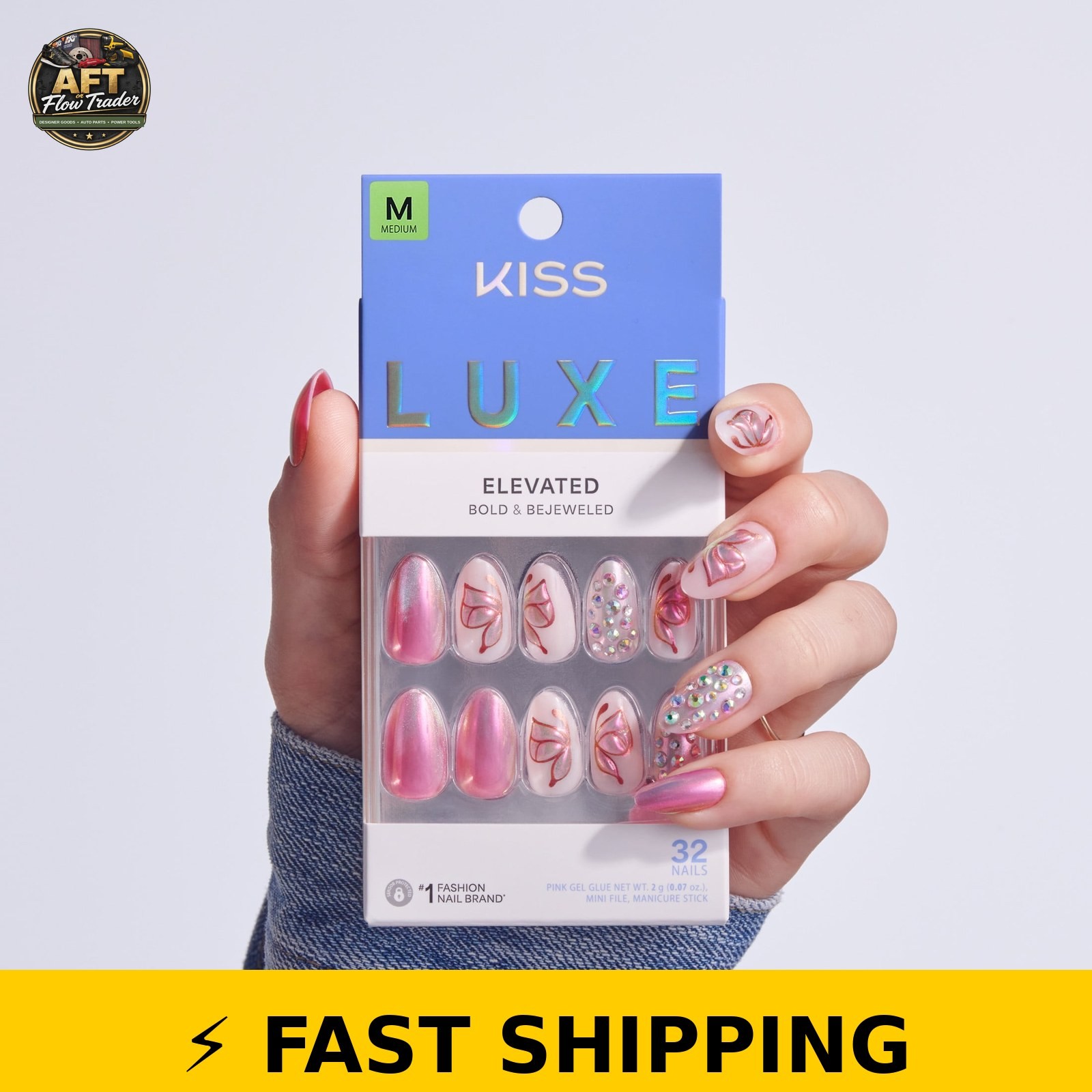 Kiss Press On Nails Almond Rose Knot Pink Medium 32 Count
