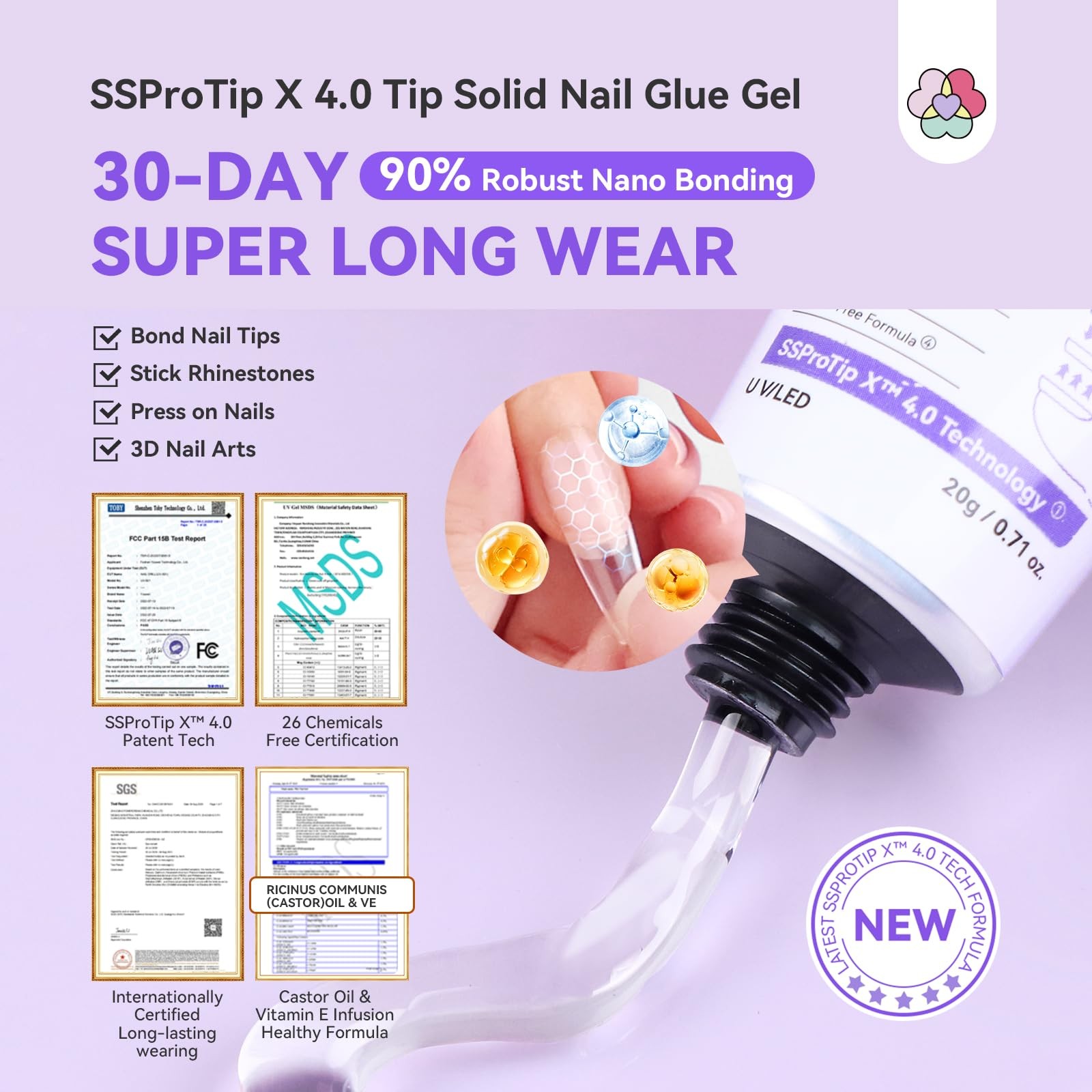 SAVILAND Solid Nail Glue Gel Kit, 20 g Glue, 60 mL Remover and UV Lamp | 60 m…