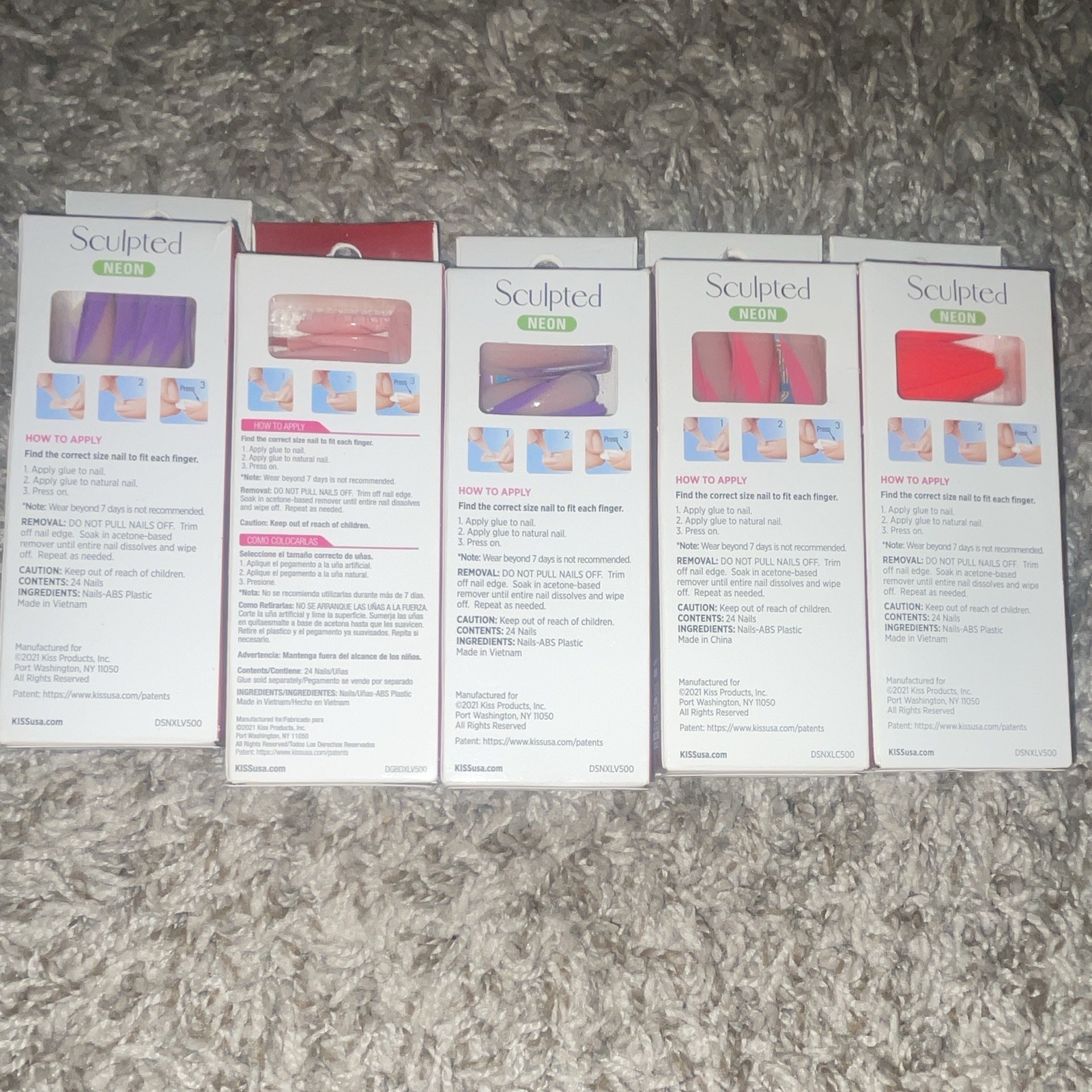 Kiss Neon Extra Long Full Cover Artificial Nails Lot of 5, 24ct, Pink Purple