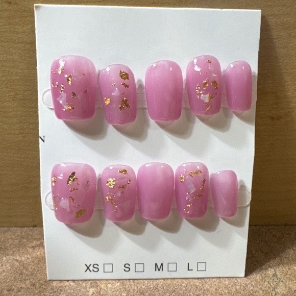 Pink Marble Gold Foil Press On Nails Square Translucent Iridescent Set