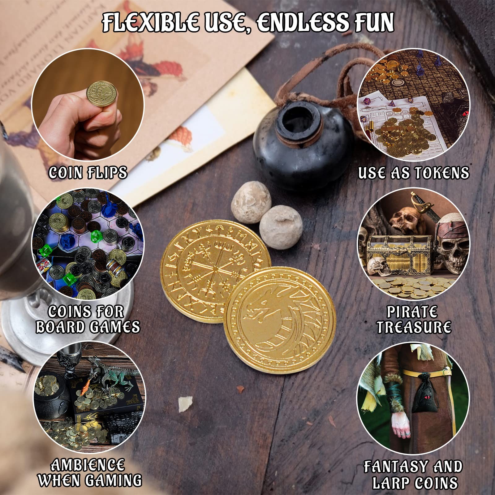 DND Fantasy Coins 50 Antique Gold Metal Treasure Tokens with 51 Piece Set