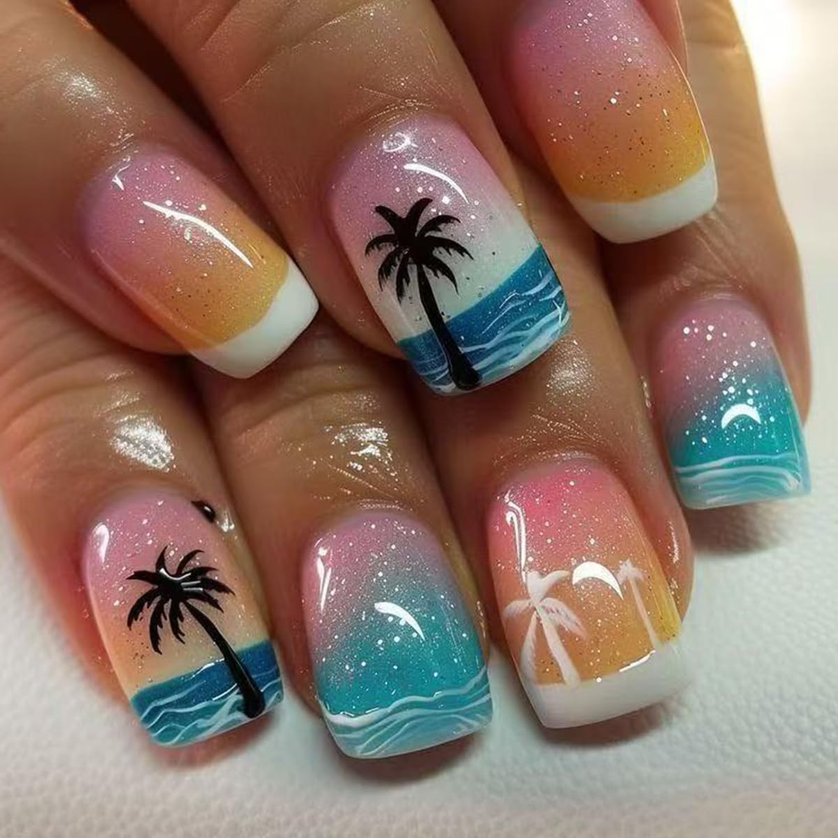 Short Square Press on Nails Blue Wave French Fake Nails Ombre Acrylic Nails P.