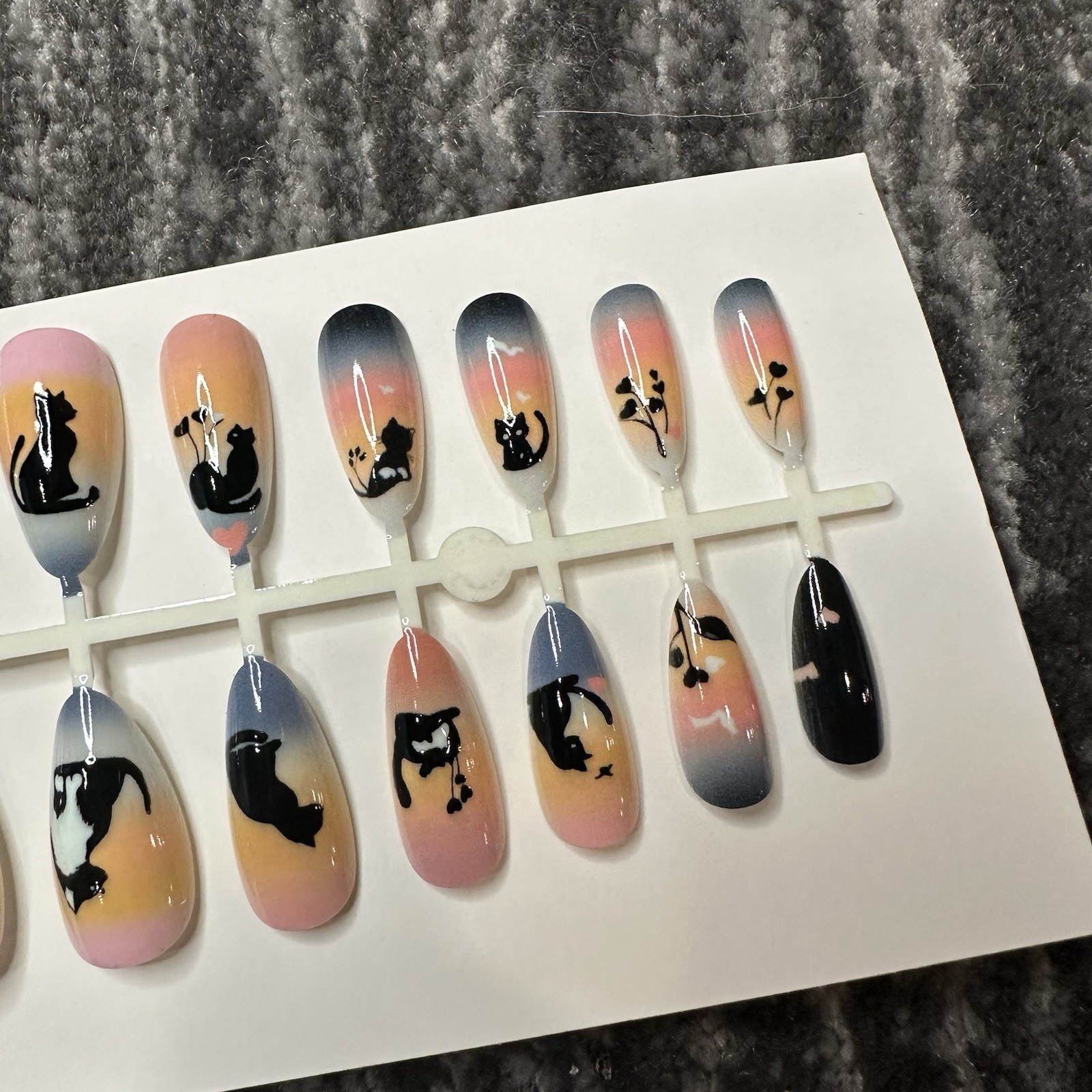 Cat Fake Nails Press On 24 Pack Kit Long Point Tuxedo Cat Black Cat Lady Gift
