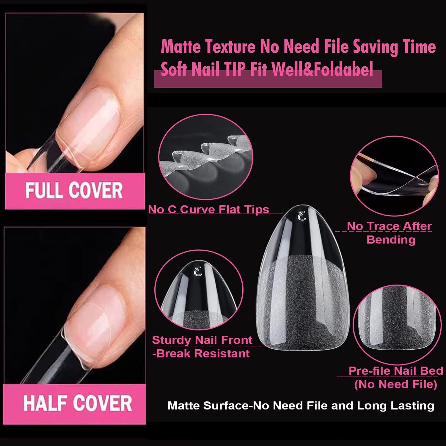 Clear Short Almond Nail Tips – 216pcs – Easy to Apply – No Trace – Long Lasting