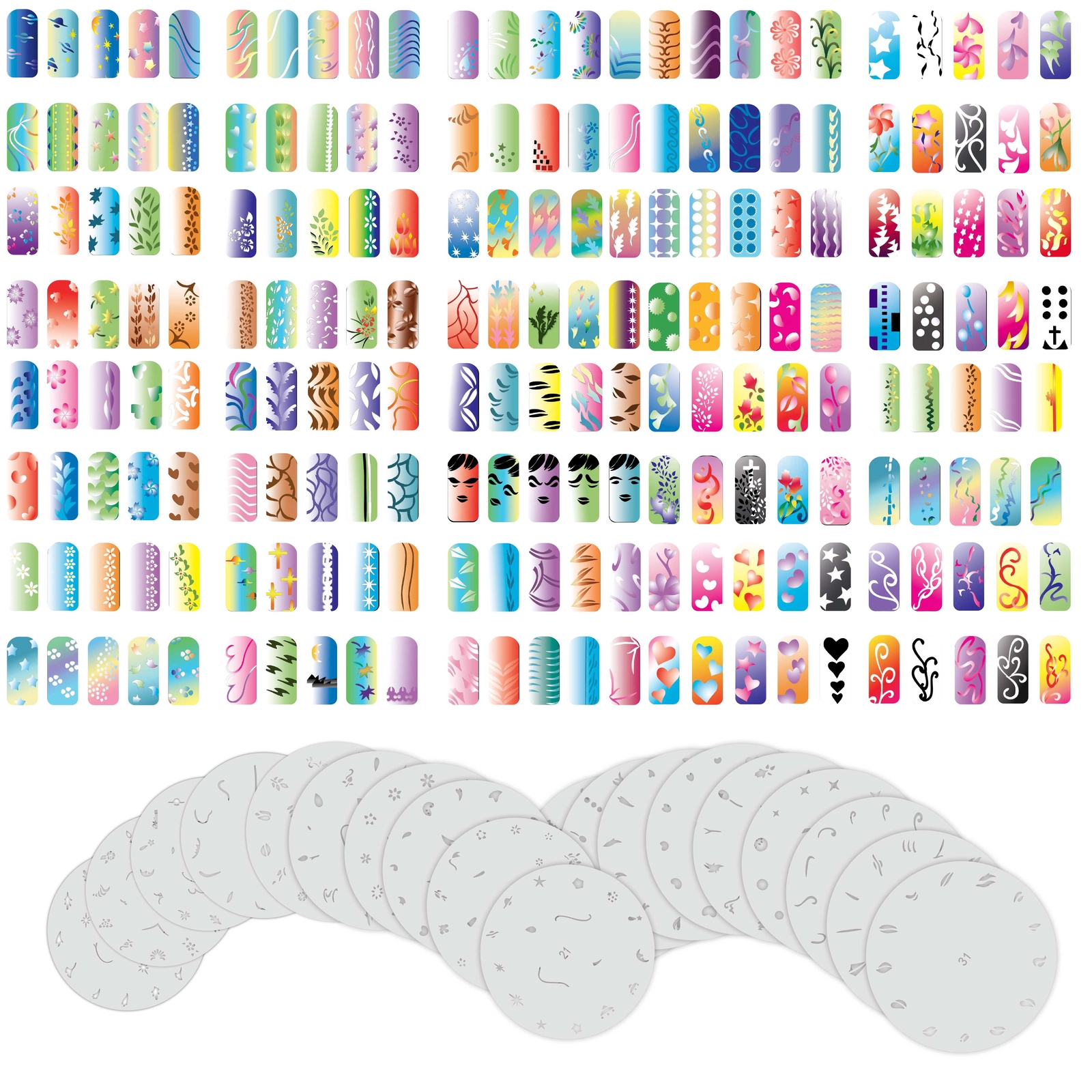 Set 2 320 Airbrush Nail Art STENCIL DESIGNS – 20 Template Sheets Kit Brush Paint