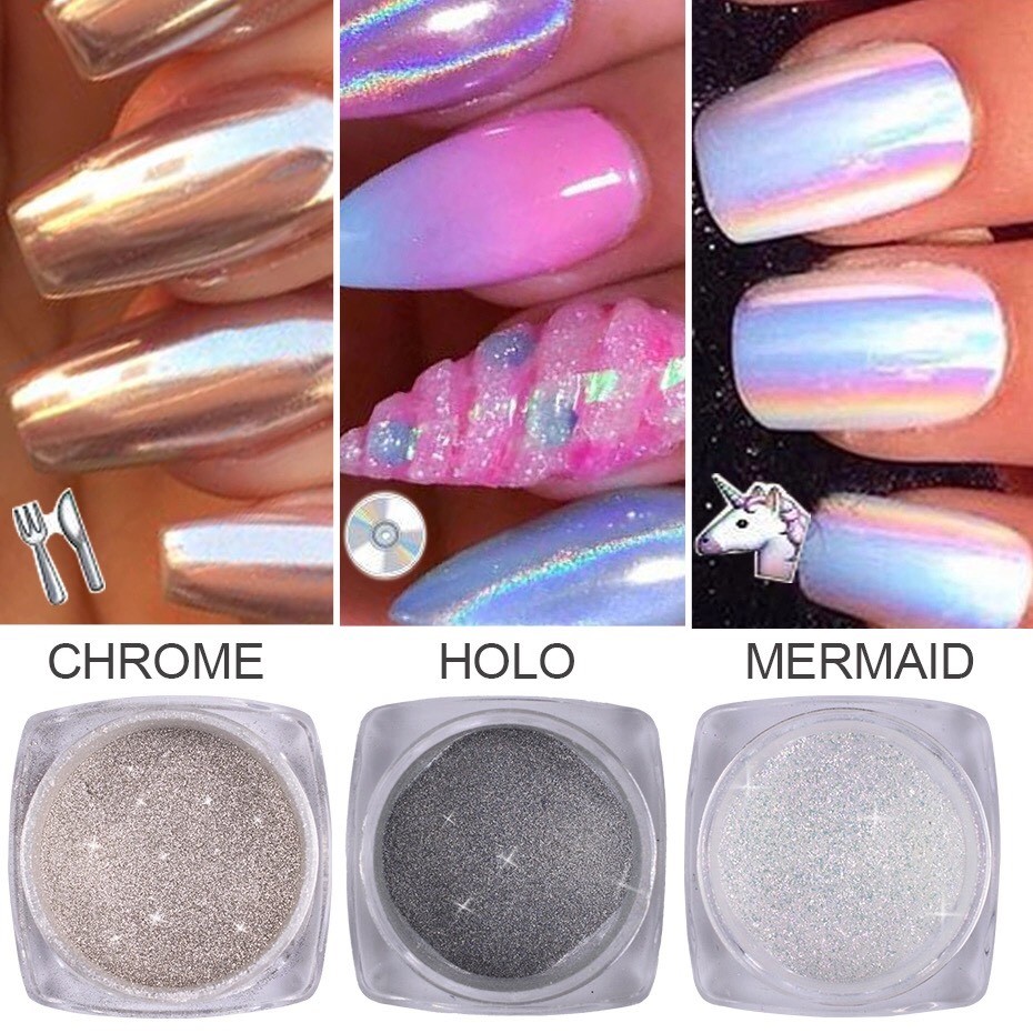 3 Pots Unicorn Nail Powder Aurora Holographic Mirror Holo Chrome Pigment Set