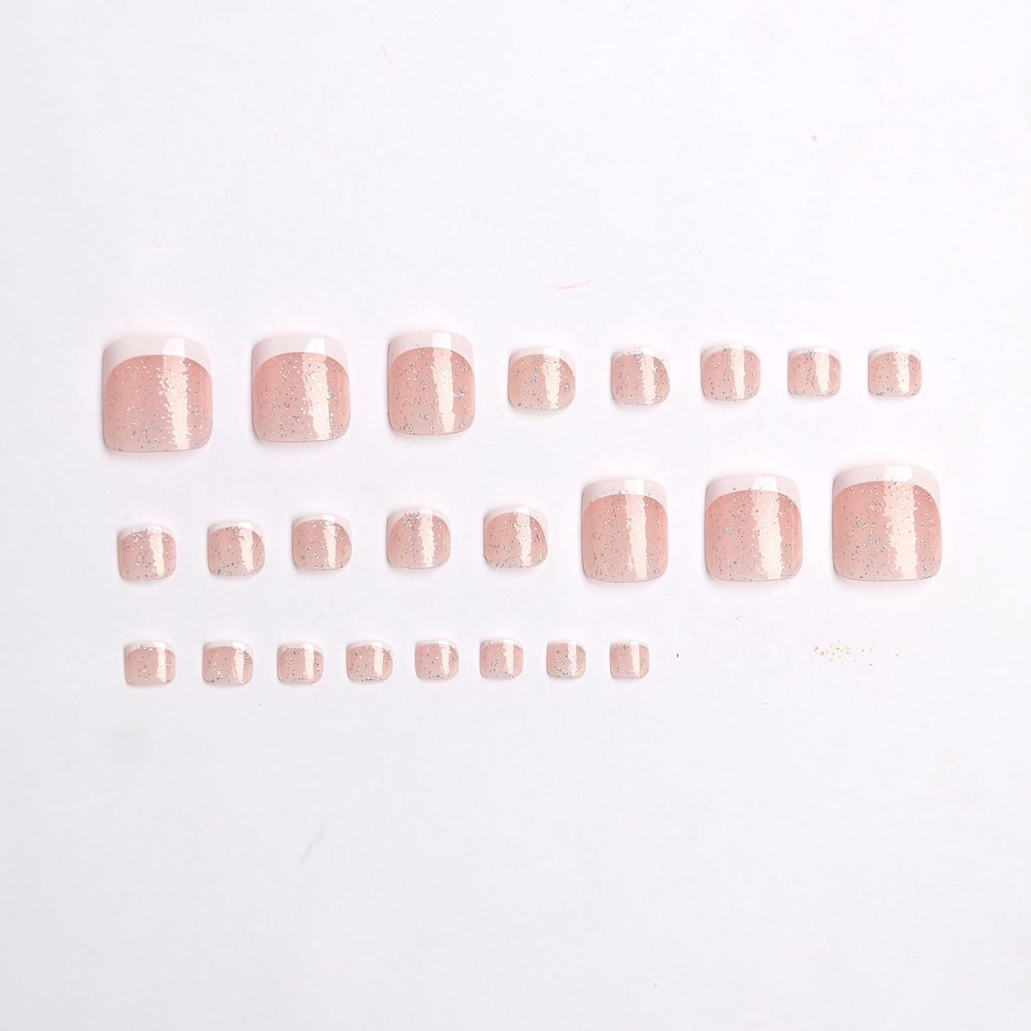 24PCS White French Tip Press on Toenails Short Square Natural Nude Glitter Fa…