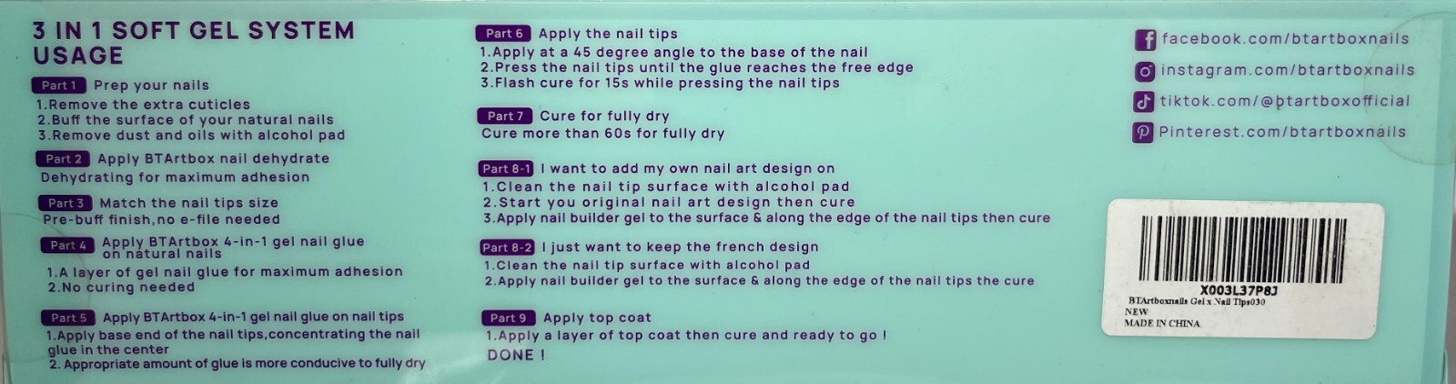 BTArtboxNails X-Coat Tips 3-in-1 Soft Gel System, French Series, Model 030