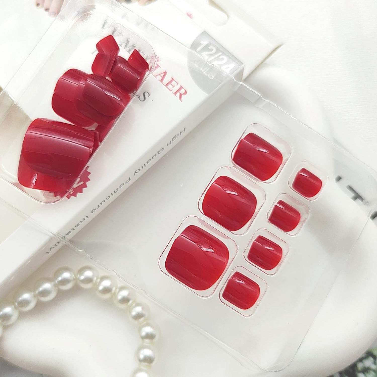 Short Square Acrylic Press-On Toenails – Glossy Red Full Cover, 24 Pcs