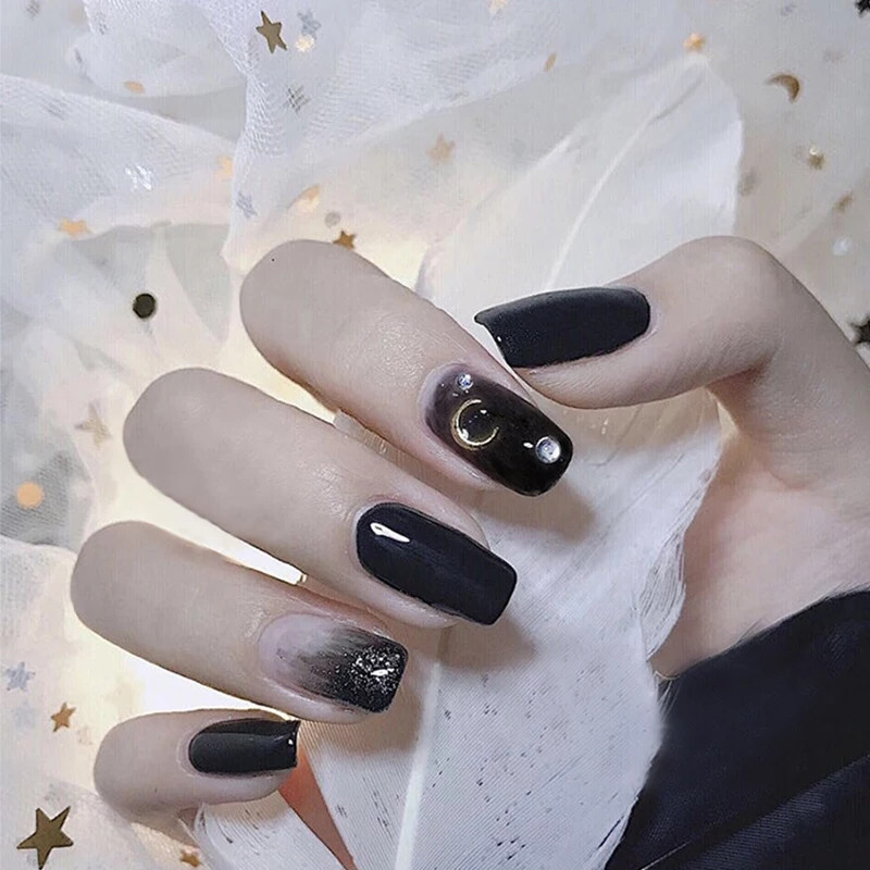 24 Medium Press on nails kit w glue black goth square moon celestial