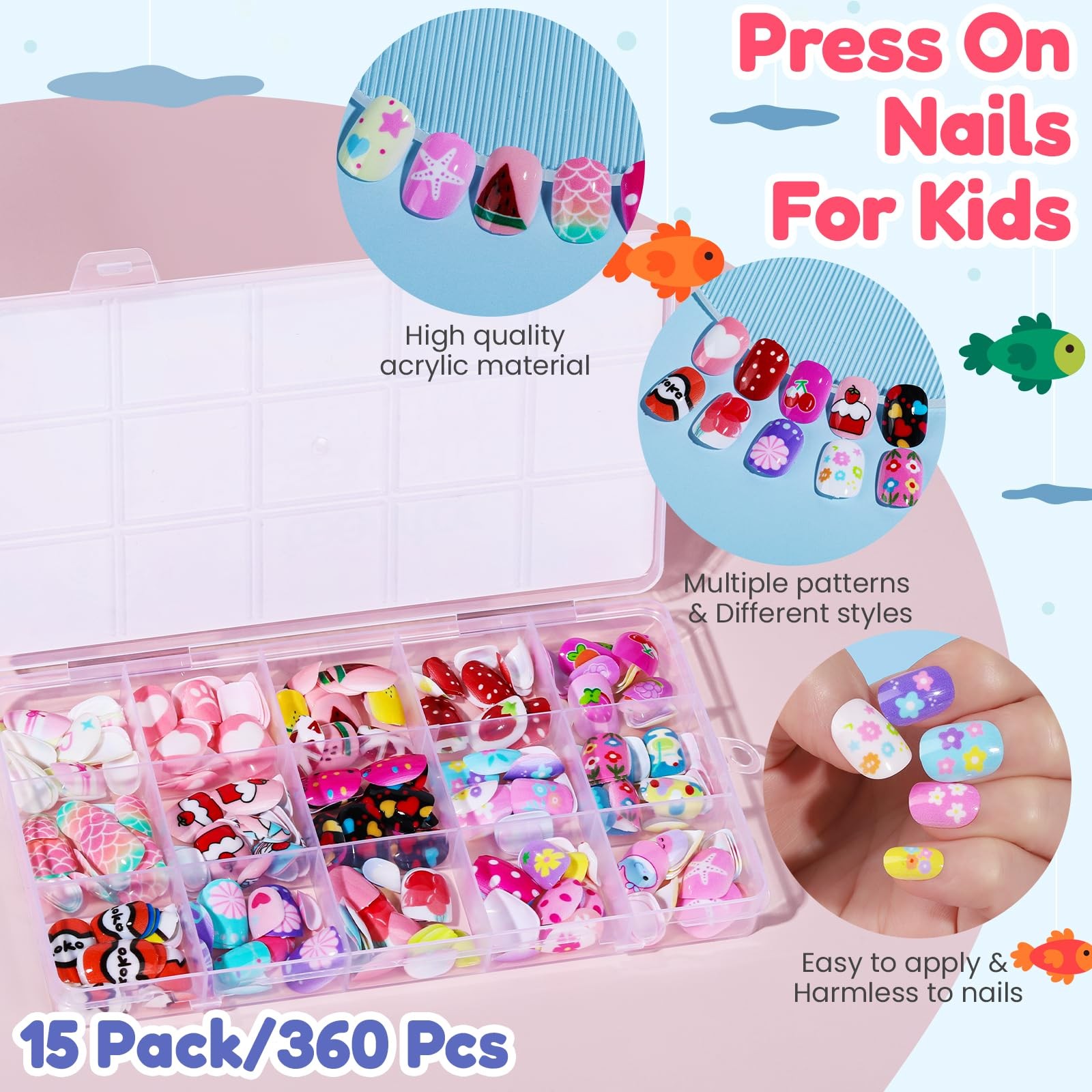 360 Pcs Kids Press On Nails, 15 Styles 12 Sizes Press On Nails for Kids Girls…