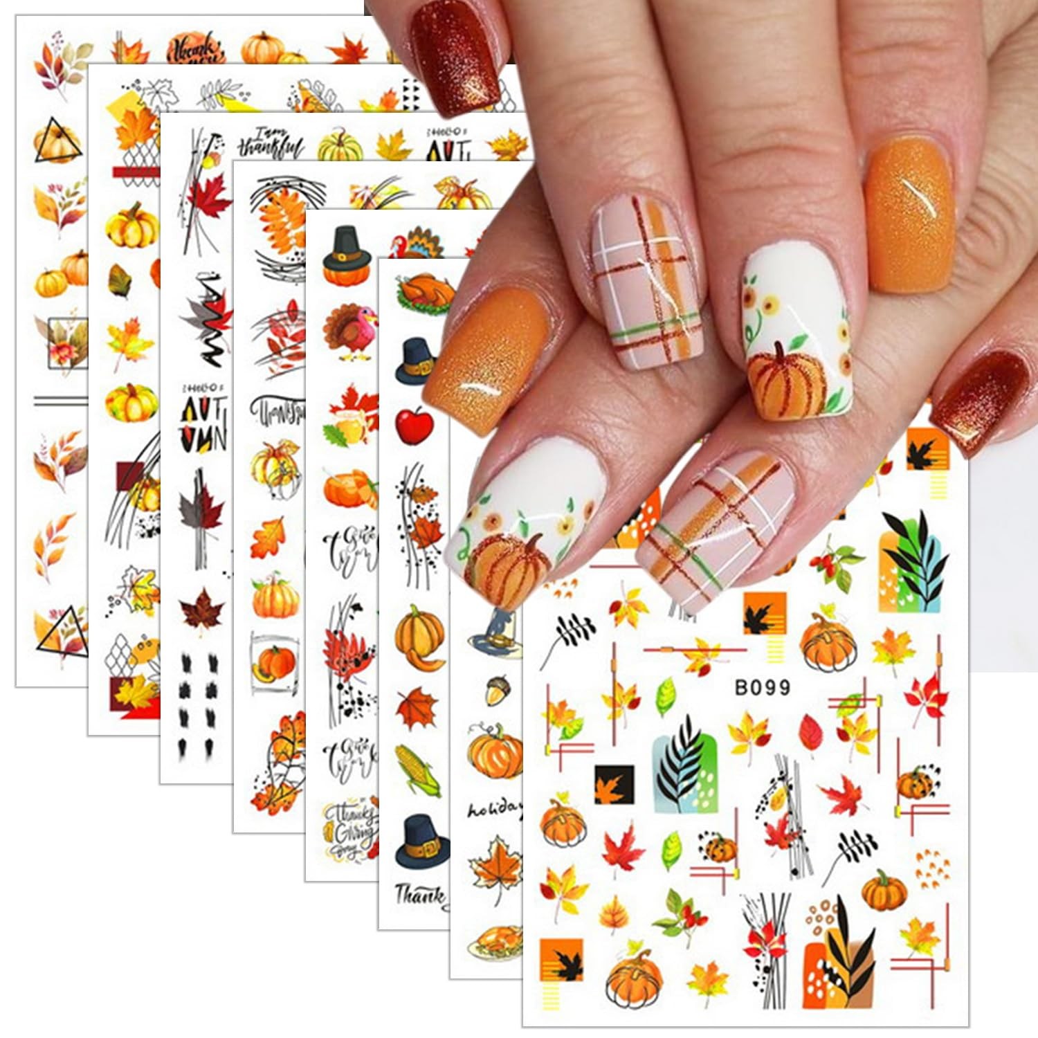 8 Sheets Thanksgiving Nail Decals 3D Self-Adhesive Autumn Multicolour