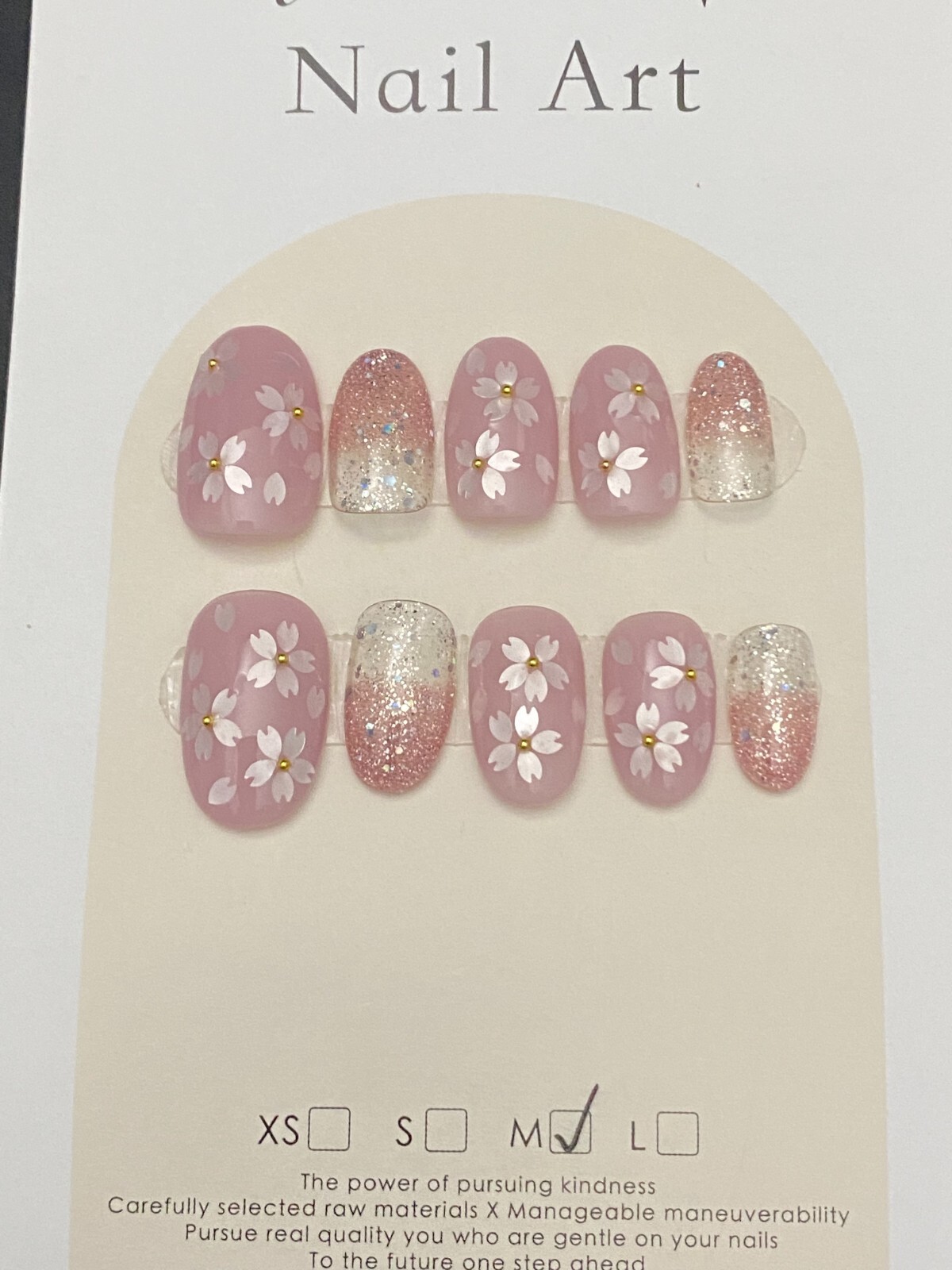 custom Nails Handmade press on nails-10 pcs-Medium-pink shinny flower
