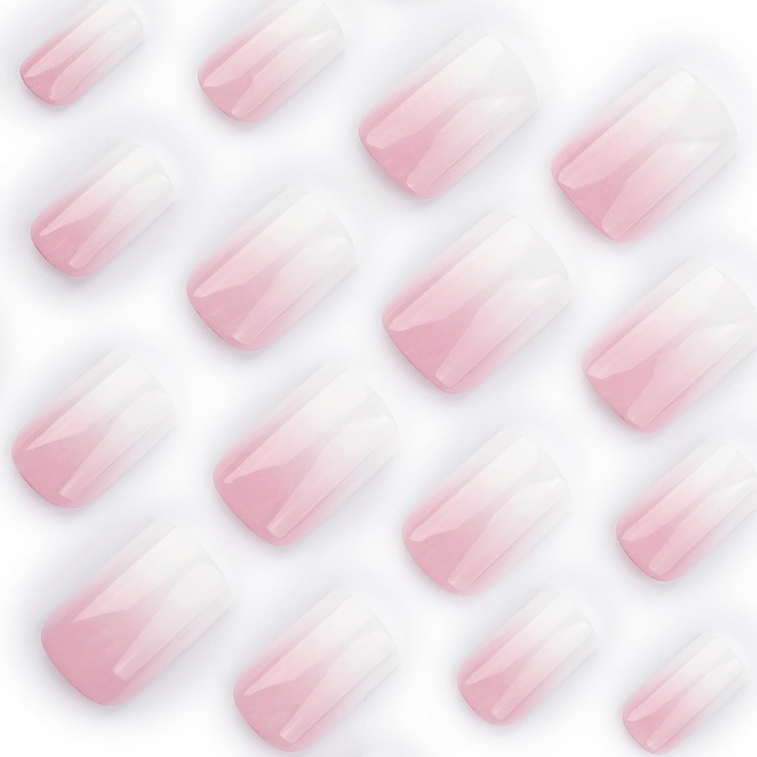 24Pcs Ombre Press on Nails Medium Square Acrylic Fake Nails Pink White Gradation