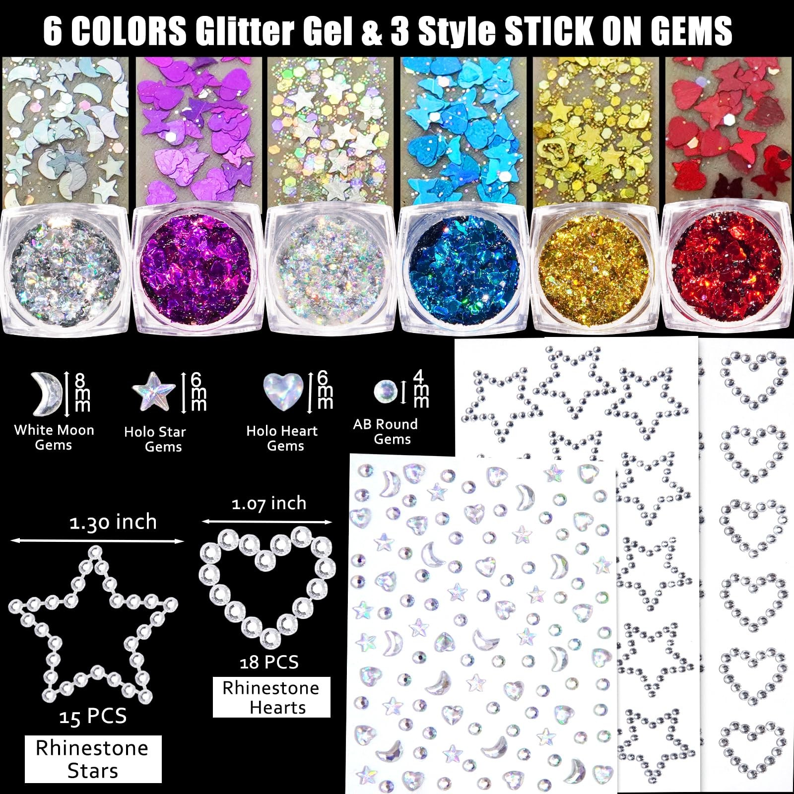 Face Glitter Body Glitter Gel with Face Heart Star Stickers, 6 Colors Hair Gl…