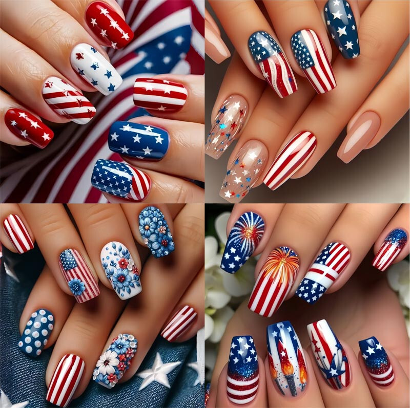 4 set （24Pcs/set ）US Flag False Nail Art Full Cover Artificial Fake Nails