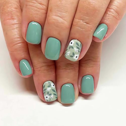 Spring Green Press on Nails Short Square Fake Nails Glossy False Nails with