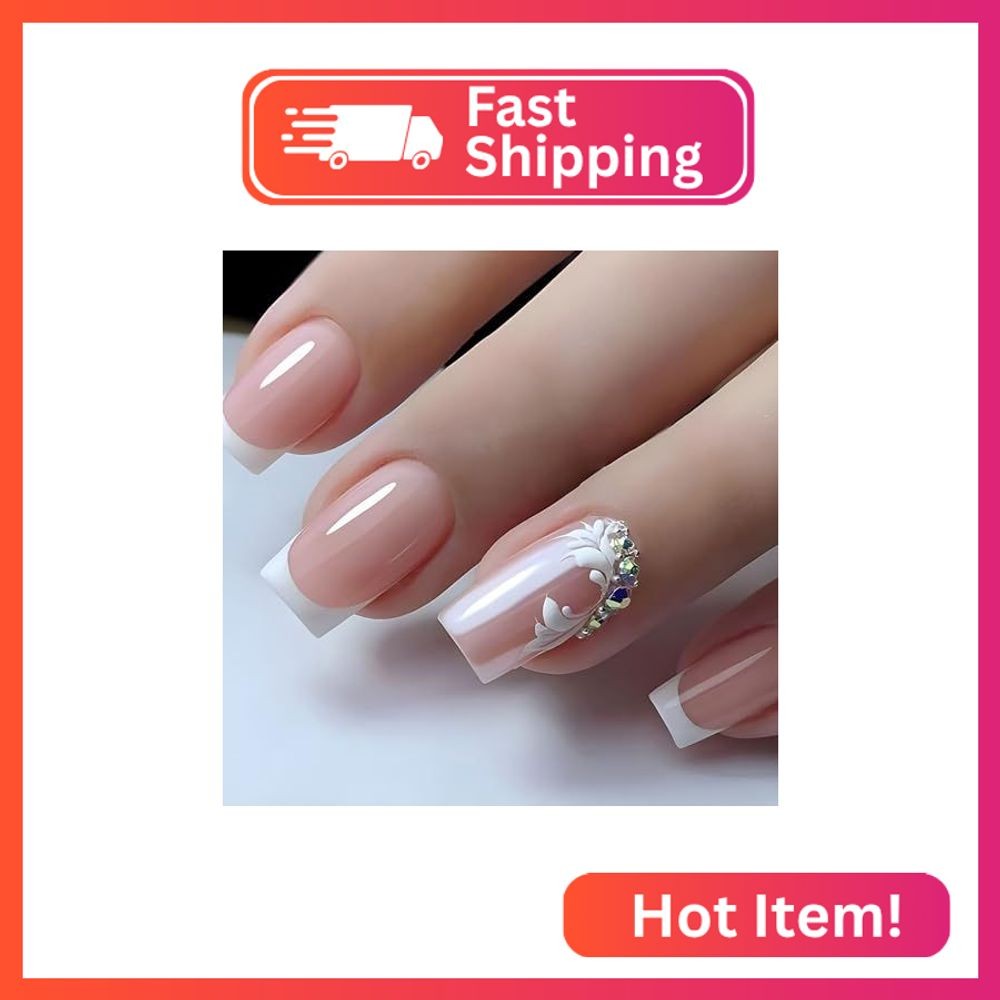 Press on Nails with French Tips 24Pcs Glossy Full Cover Artificial Square Medium