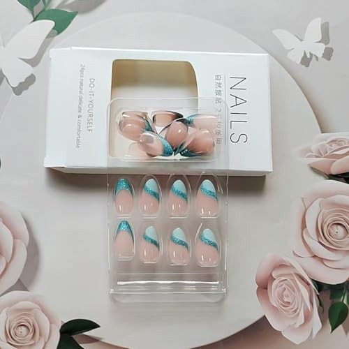 Light Blue French Tip Press on Nails – Medium Almond – QUNQINLI Fake Design AB2
