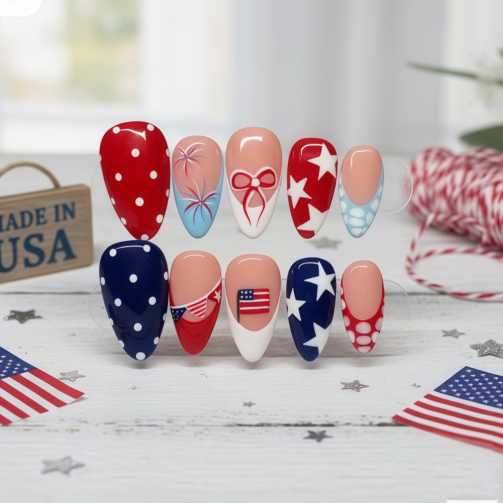 48pcs-4th of July Press on Nails, Medium Almond Stars & Stripes Fake Nails