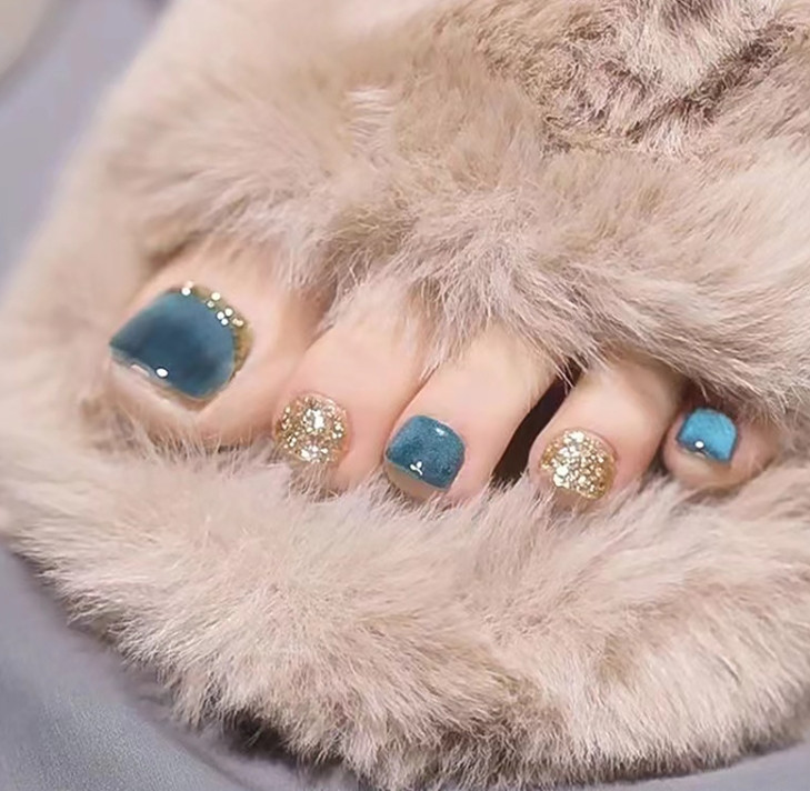 Detachable Toe Glue-On Fake Nail Glitter Gold Blue Color Gradient Pedciure 24pcs