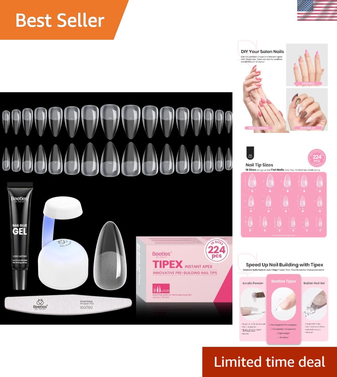 Beetles Tipex Instant Apex Nail Tips Kit, Medium Almond, 224PCS 16 Sizes 00-1…