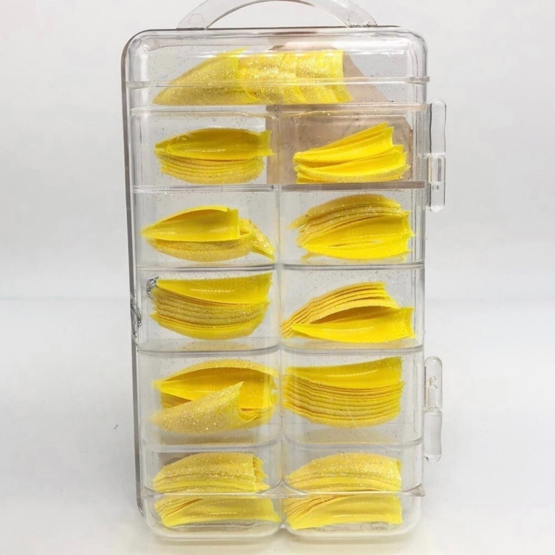 Brand New Tip Jar Fake Nail Tips – Yellow Stiletto with Glitter (#239)