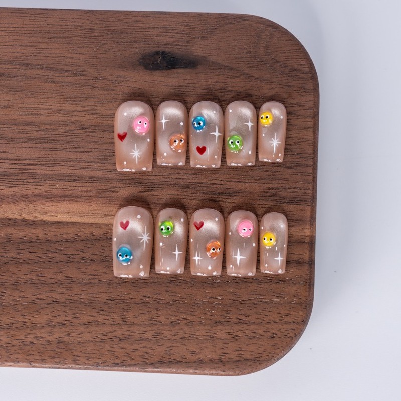 10pcs Nude Cartoon Nails 3D Heart Star Monster Cute Girly Daily Style