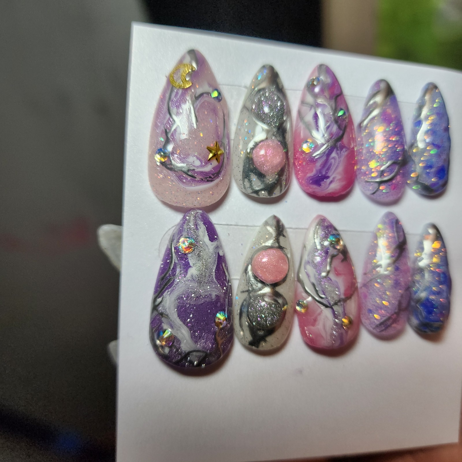Handmade Medium Size Medium Length Stiletto Acrylic Press-ons W/Chrome Celestial