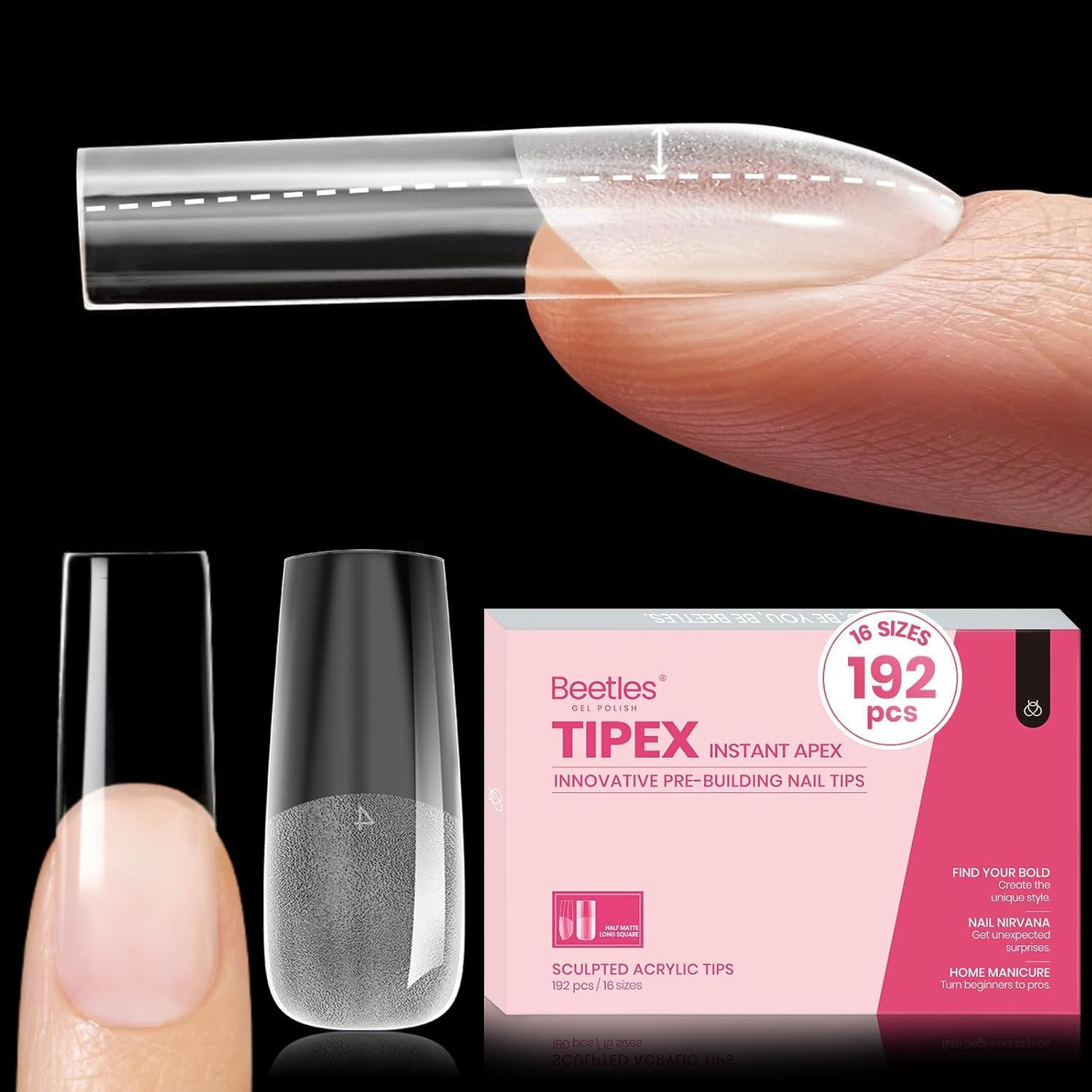 Beetles Tipex Instant Apex Nail Tips, Long Square, 16 Sizes 00–14, 192Pcs, No Bu