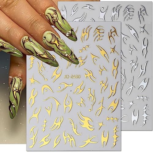 8 Sheets Irregular Flame Nail Art Stickers – Metallic Silver, Black, White,