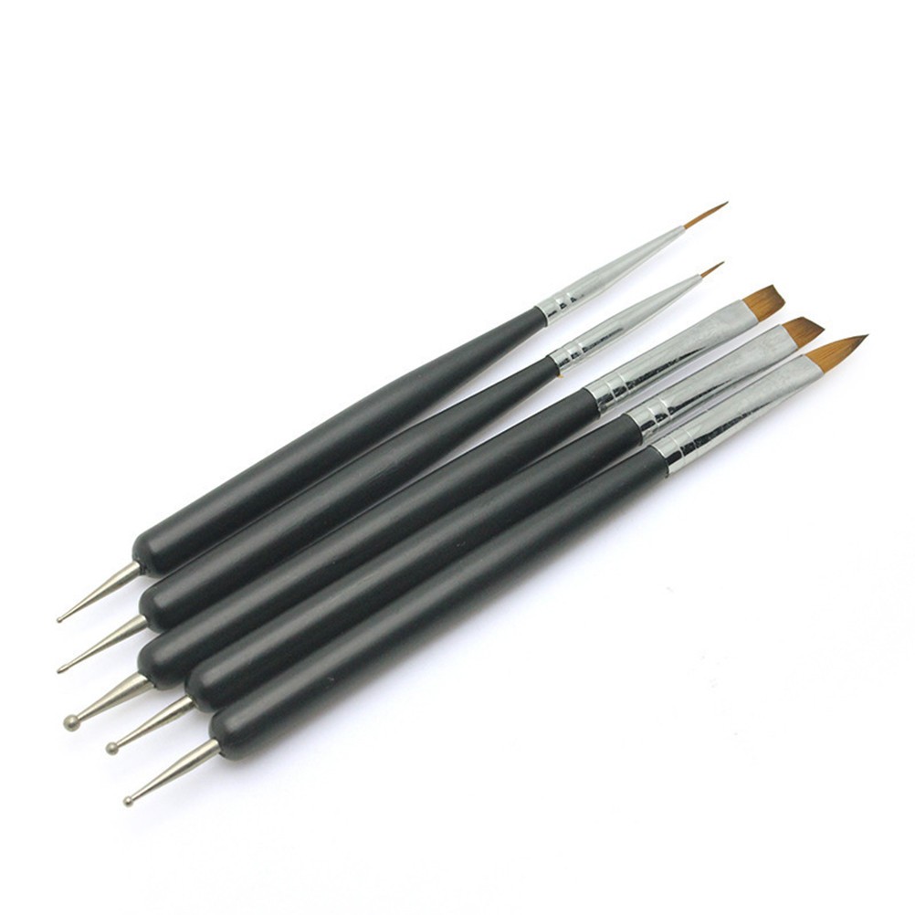 5Pcs Manicure Pen Set Double End Nail Brush and Carving Tip Black for Nail Art