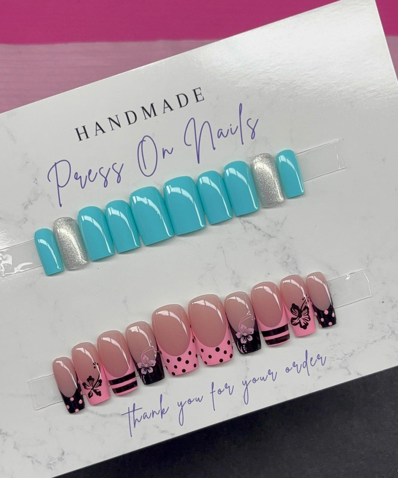 Short square and medium square press on nails spring pink black teal silver
