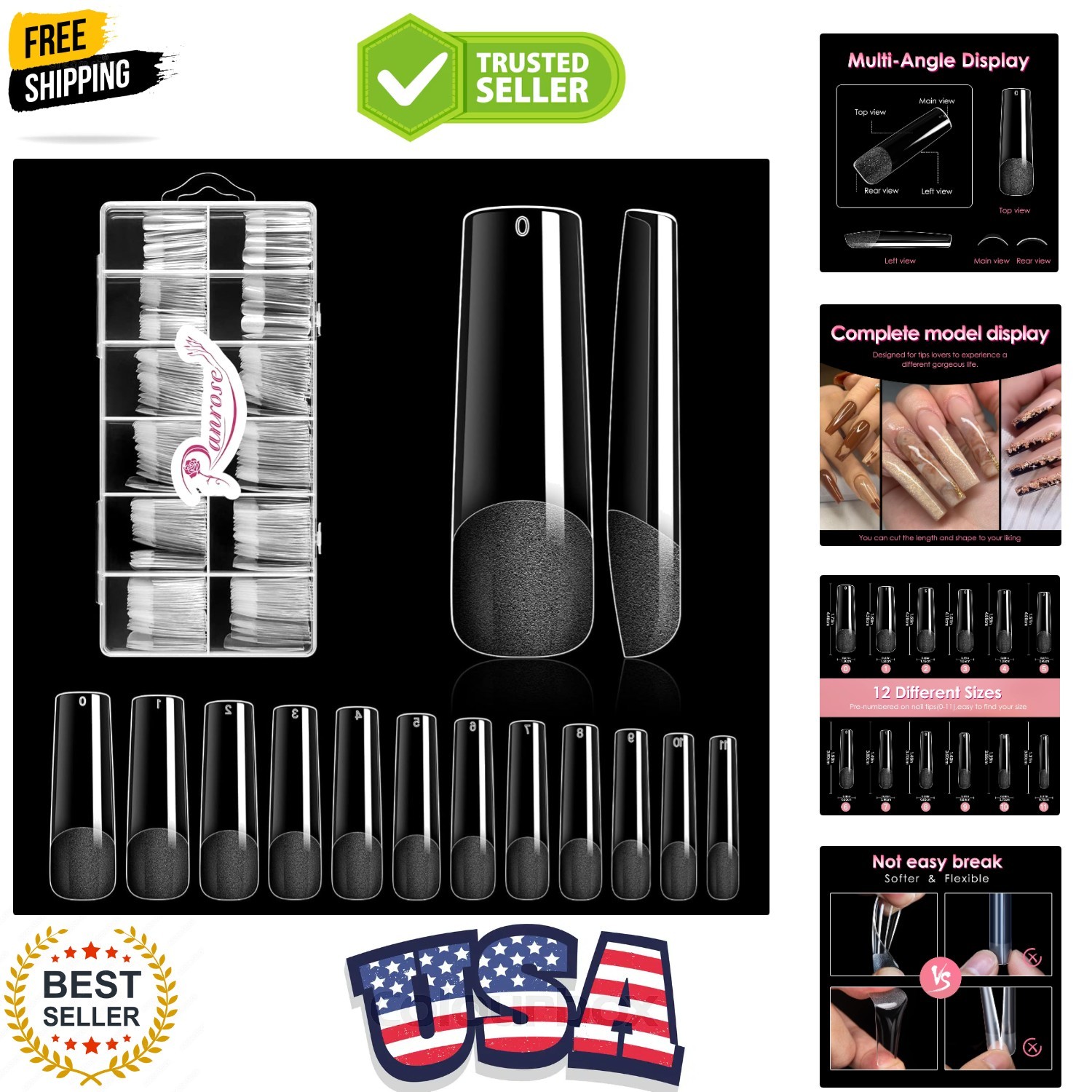 Long Straight Nails Tips,240PCS Full Cover Soft Gel Nail Tips for Acrylic Nai…